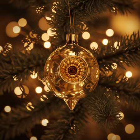 Christmas decoration hanging on the christmas tree with bokeh backgroundの素材