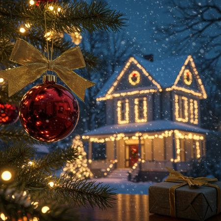 Christmas and New Year holiday background. Festive decorations on the Christmas tree. Winter landscape.の素材