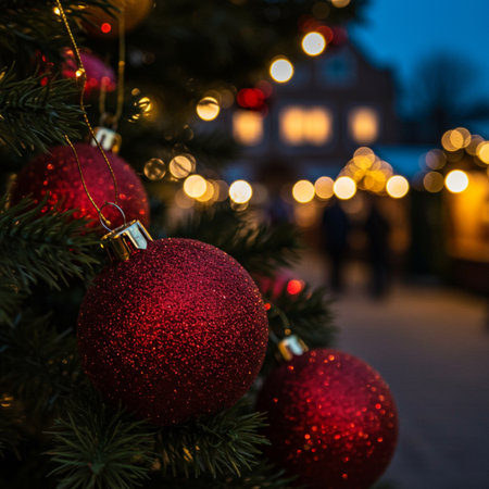 Red Christmas balls on the Christmas tree in the old town of Tallinn, Estoniaの素材