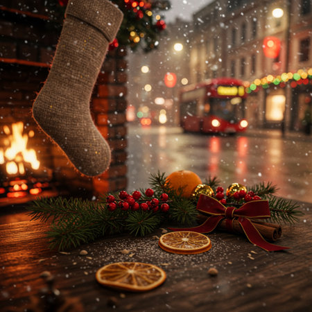 Christmas and New Year holidays background. Christmas tree with decorations on the background of the cityの素材