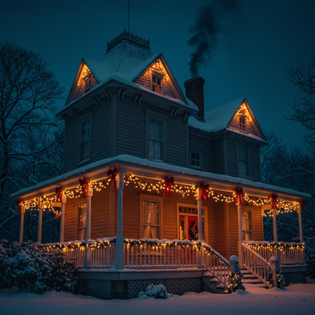 Beautiful old wooden house with christmas lights at night in winterの素材