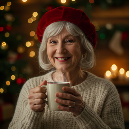 Merry Christmas and Happy Holidays! Portrait of smiling senior woman with cup of tea.の素材