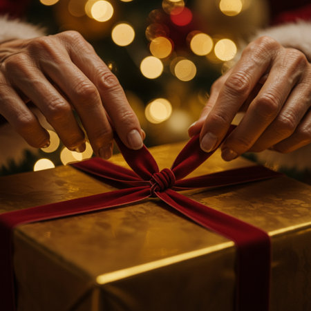 Closeup on hands of woman wrapping christmas gift with red ribbonの素材