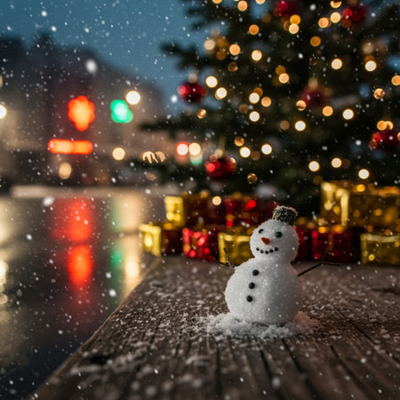 Snowman on a wooden table in front of Christmas tree. Christmas background.の素材