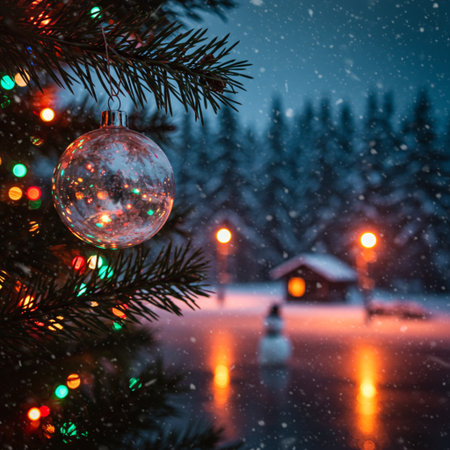 Christmas and New Year holidays background. Christmas tree with decorations and bokeh lightsの素材