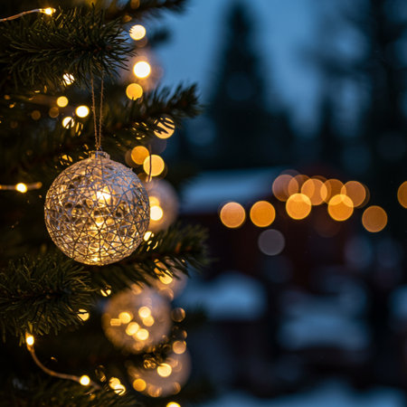 Christmas tree decorated with golden balls and garlands, bokeh backgroundの素材