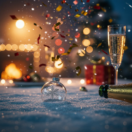 New Year's Eve celebration. Champagne bottle and glass of champagne on snow with bokeh background.の素材