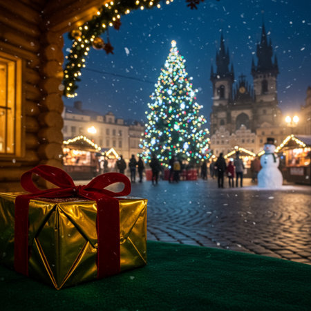Christmas market in the old town of Prague, Czech Republic. Decorated Christmas tree and gifts on the foreground.の素材