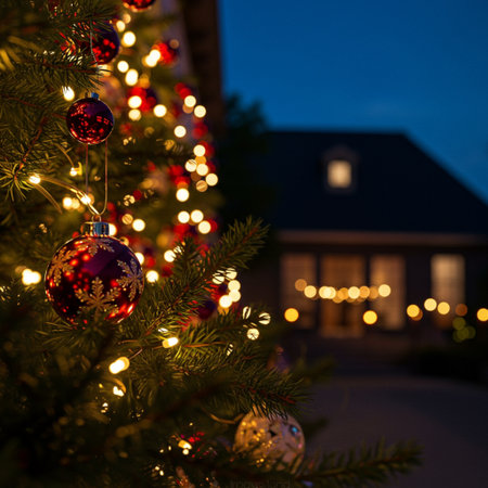 Decorated Christmas tree on the background of the house and lightsの素材