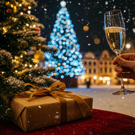 holidays, celebration, christmas and people concept - close up of male hand with champagne glass and christmas tree over snowの素材