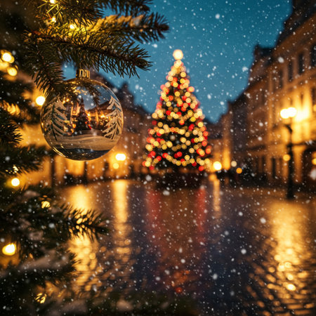 Christmas and New Year holidays background with bokeh lights and Christmas treeの素材