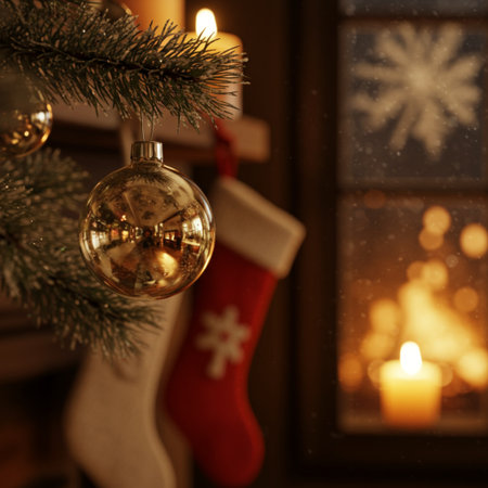 Christmas decoration on window sill, closeup. Cozy home interiorの素材