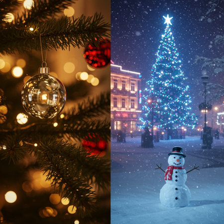 Christmas and New Year collage. Christmas tree and snowman on background of night city.の素材