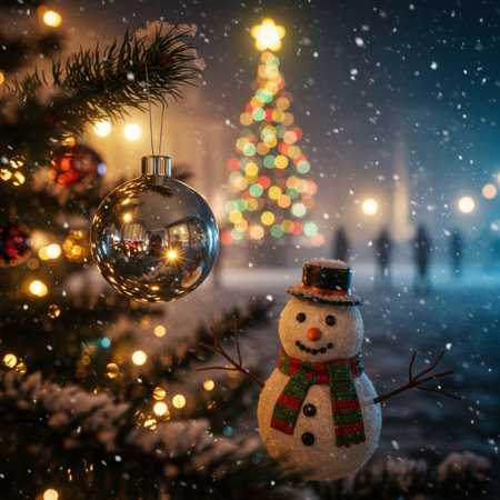 Snowman, snowman and Christmas tree on background. Christmas and New Year concept.の素材