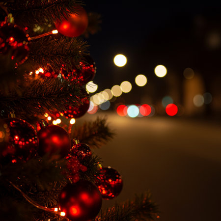 Christmas tree with red balls and bokeh lights on background.の素材