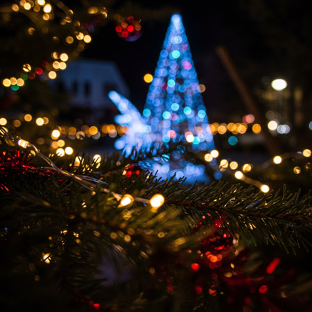 Christmas and New Year holidays background. Christmas tree with colorful bokehの素材