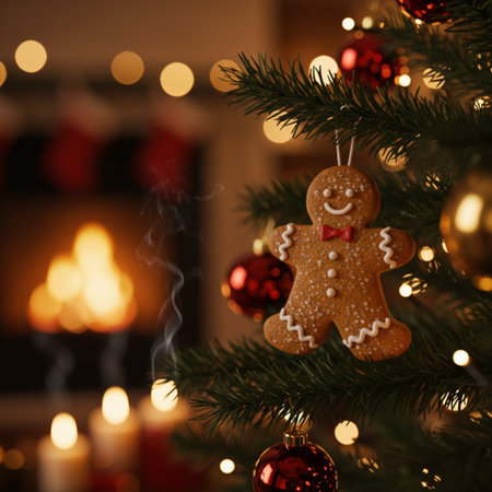 Christmas gingerbread man on the background of a burning fireplace and Christmas treeの素材