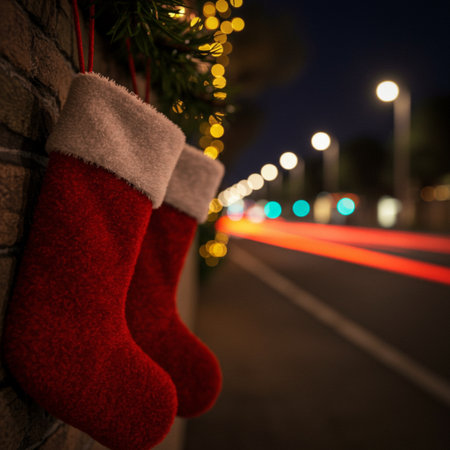 Christmas stocking on the street at night with lights in the background.の素材