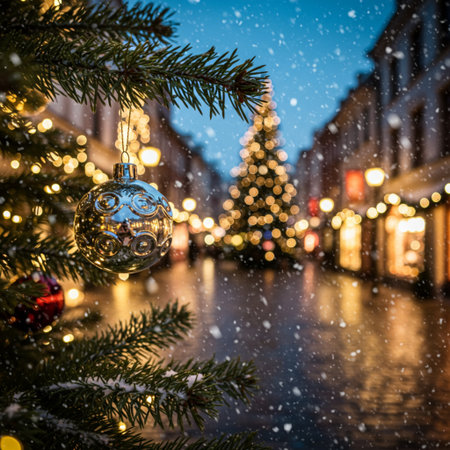 Christmas and New Year holidays background. Christmas tree and decorations on the street.の素材