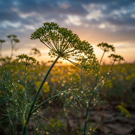 Fennel flower on the field at sunset, close-upの素材