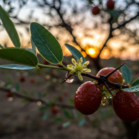 Close up of red ripe jujube fruits on a tree in the gardenの素材