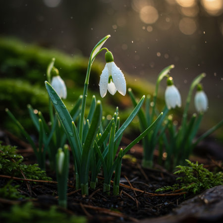Snowdrop flowers blooming in the forest. Early spring in Europe.の素材