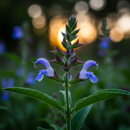 Salvia officinalis flowers blooming in the garden at sunsetの素材
