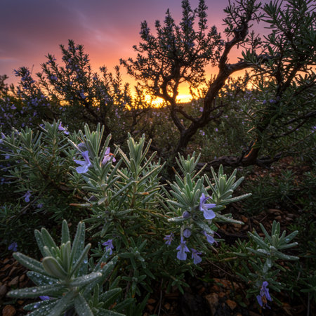 Sunset over a rosemary bush with purple flowers in the foregroundの素材