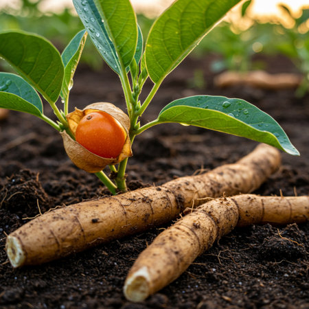 Close-up of a young seedling growing in the soil.の素材