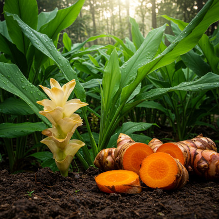 Turmeric roots and flower in the garden. (Curcuma longa L.)の素材