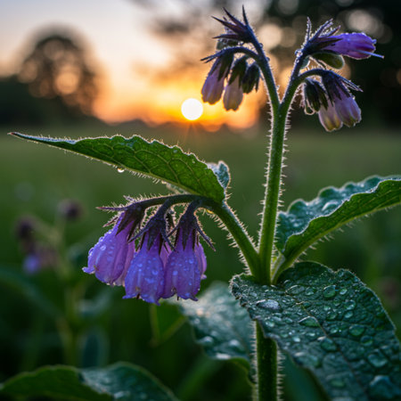 Purple flowers of comfrey ( Symphytum officinale) in the field at sunriseの素材