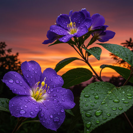 Beautiful purple flower with water drops on the background of sunset.の素材