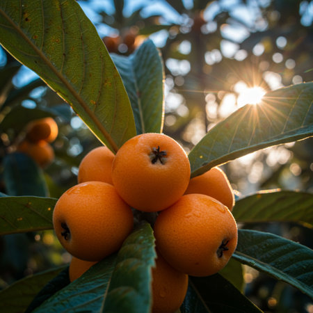 Ripe loquat fruits on a loquat tree.の素材