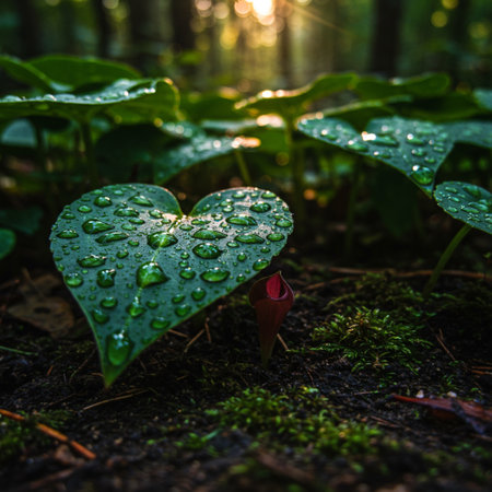 Raindrops on the leaves of a plant in the forest after the rainの素材