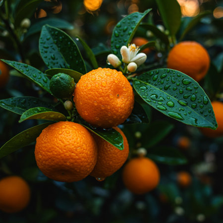 Ripe tangerines on the tree with dew drops.の素材