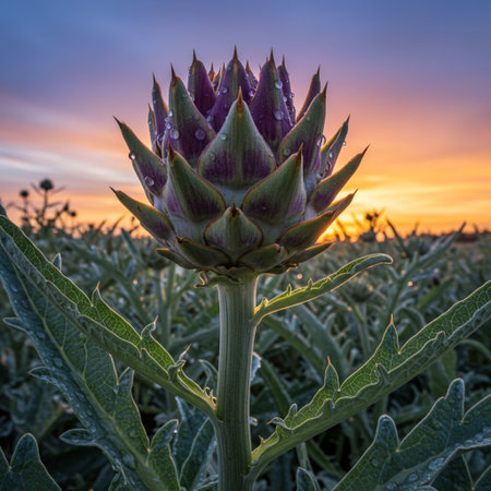 Artichoke flower in the field at sunset. Artichoke is a genus of flowering plants in the Artichoke family.の素材