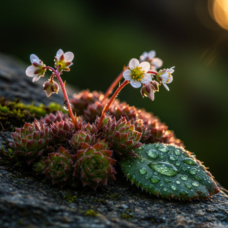 Closeup of small flowers on a rock with dew drops.の素材