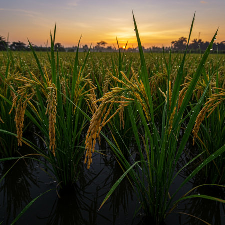 Rice field in the countryside of Thailand at sunset, Selective focus.の素材