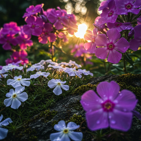 Pink and white phlox flowers in the garden at sunset.の素材