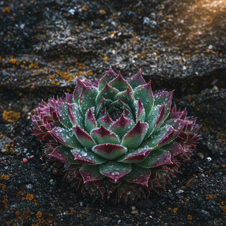 Succulent plant growing on a lava rock, close-upの素材
