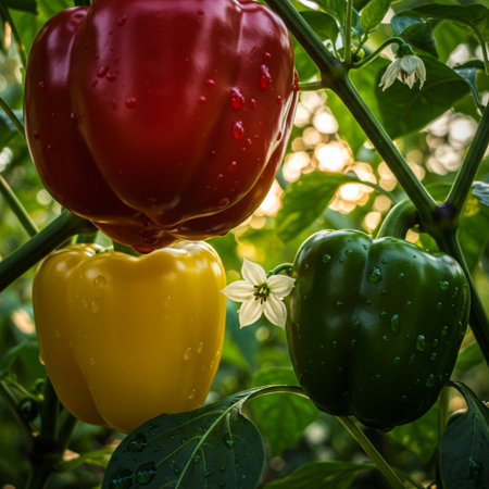 Red and yellow bell peppers growing in the garden. Selective focus.の素材