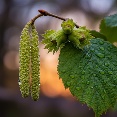 Closeup of young hazel leaves with water drops on blurred backgroundの素材
