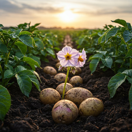 Potato field with potatoes and flowers. Potato plantation in the countrysideの素材