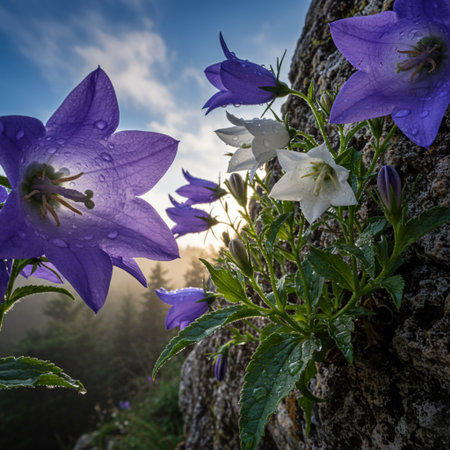 Campanula (Bellflower) and bellflowers on a rock in the mountainsの素材