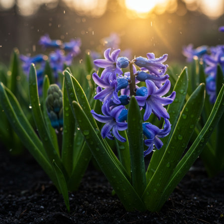 Blue hyacinths blooming in the early spring garden.の素材