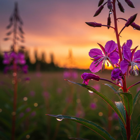 Sunset on the meadow with blooming fireweed (Epilobium angustifolium)の素材