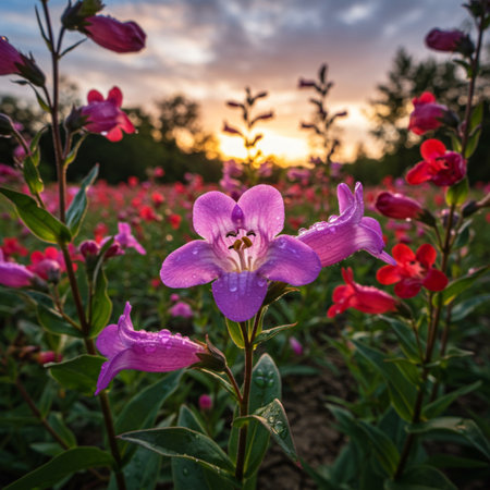 Purple flowers in the field at sunset. Beautiful natural background.の素材