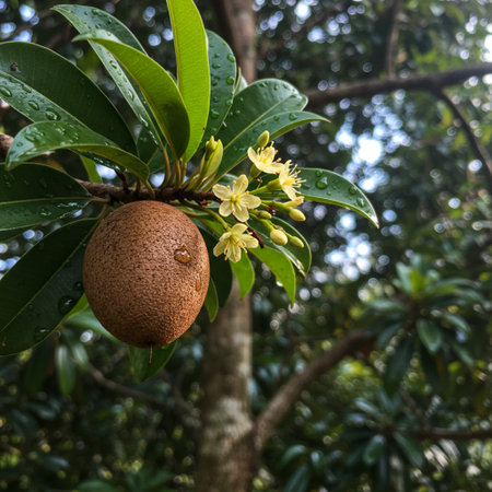 Sapodilla fruit on tree with yellow flower in the gardenの素材