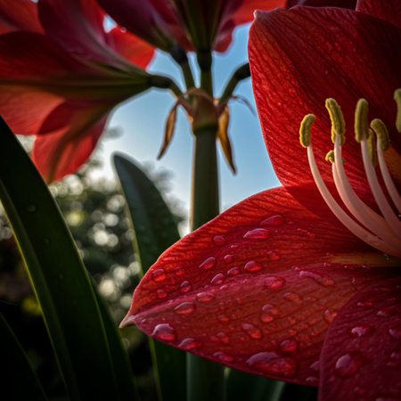 Closeup of red amaryllis flower with water drops.の素材