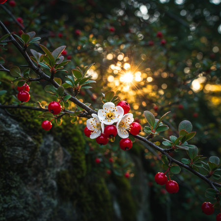 Branch with red berries on a background of the sun in the forestの素材